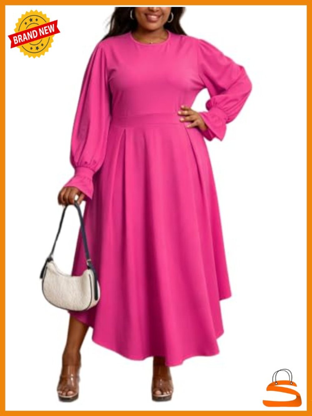 Plus Size Long Sleeve Maxi Dress Lantern Sleeve A-Line Church Dress